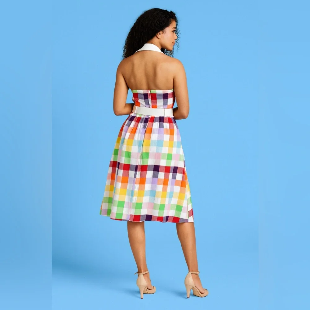Unique Vintage Collectif Rainbows Over Hollywood Gingham Halter Swing Dress, NWT - Picture 11 of 16